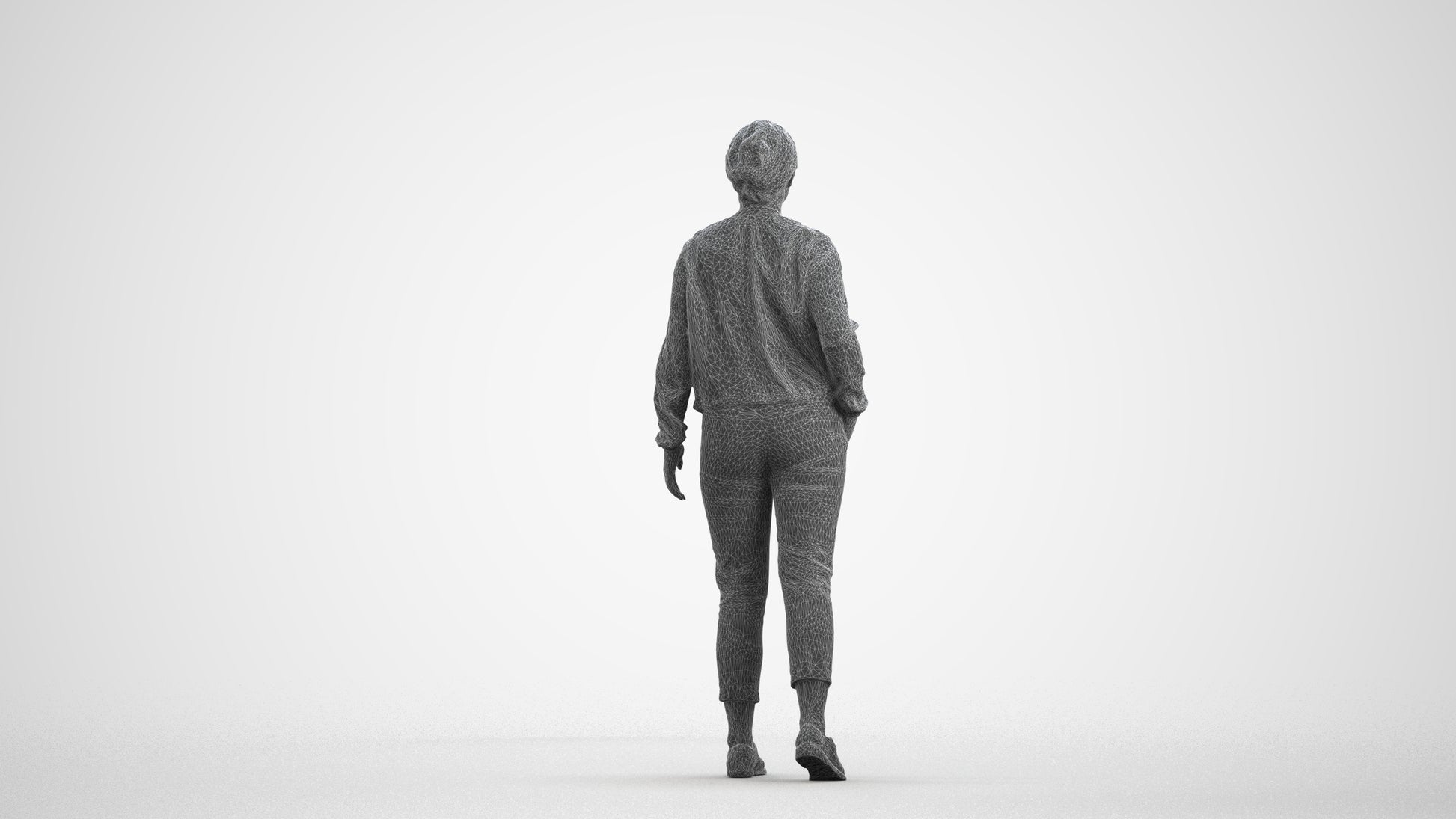 3D human model woman casual walking, photogrammetry scanned person for archviz, wireframe front view