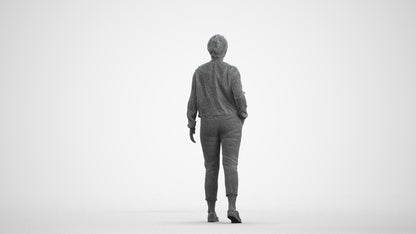 3D human model woman casual walking, photogrammetry scanned person for archviz, wireframe front view
