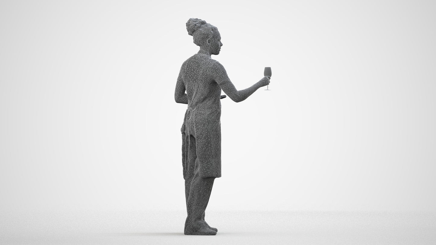 photogrammetry 3D woman hospitality, realistic human model archviz FBX, wireframe side view