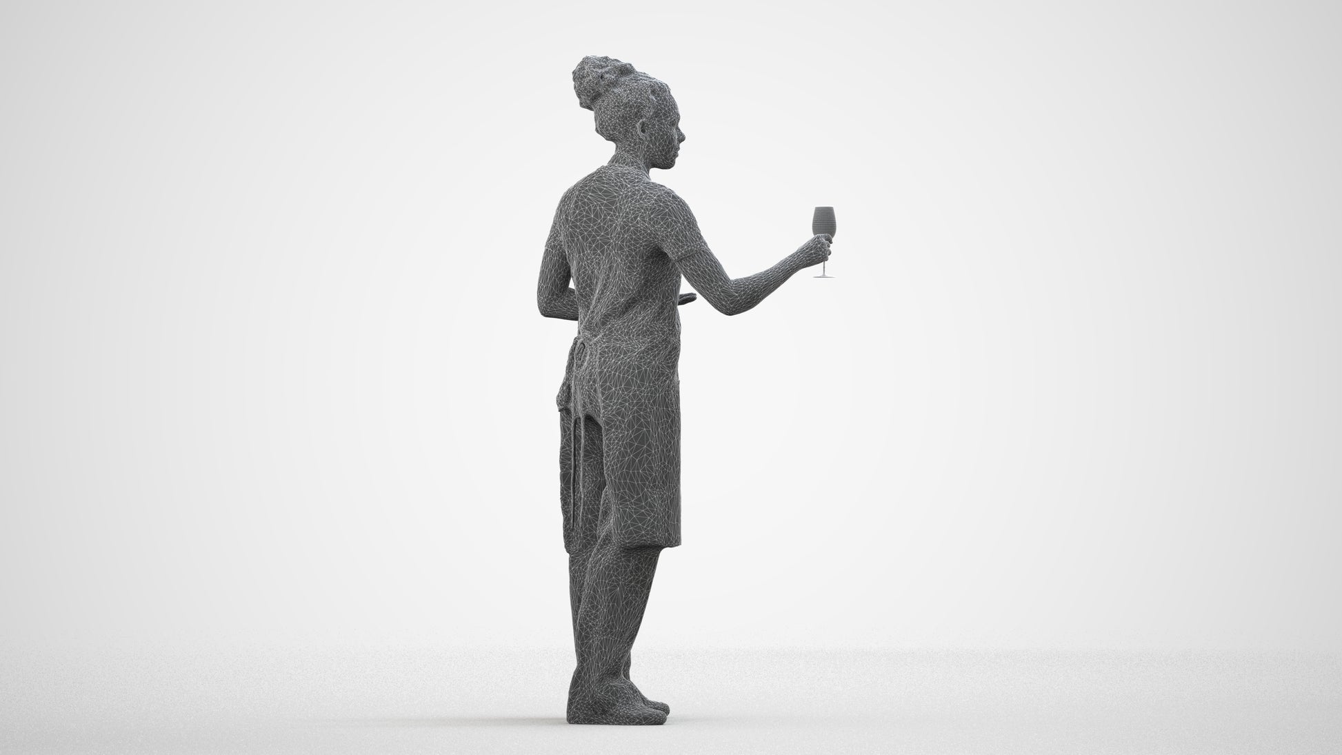 photogrammetry 3D woman hospitality, realistic human model archviz FBX, wireframe side view