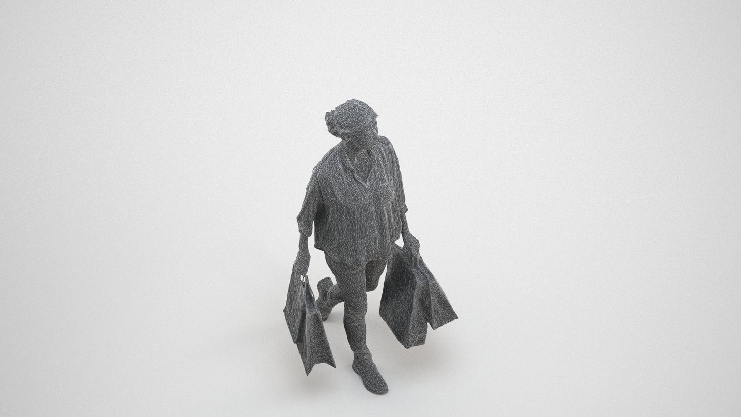 3D scanned woman shopping casual, photorealistic archviz people for Enscape and SketchUp, wireframe three-quarter view