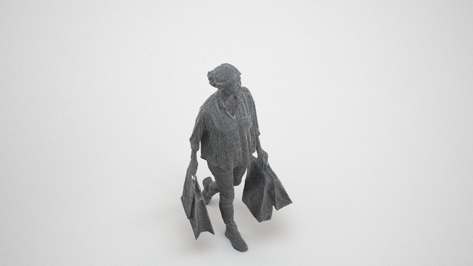 3D scanned woman shopping casual, photorealistic archviz people for Enscape and SketchUp, wireframe three-quarter view