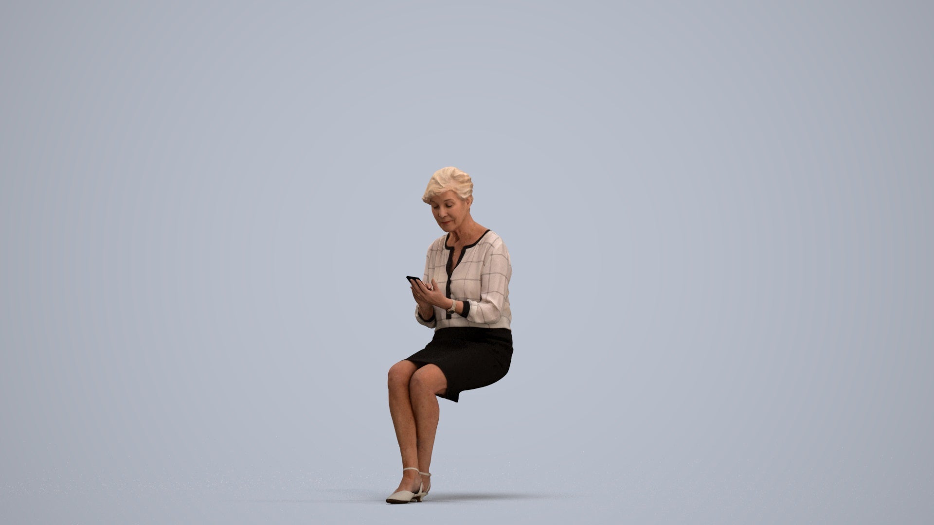 scanned 3D senior woman business sitting, photogrammetry people for Enscape and V-Ray, standing pose render