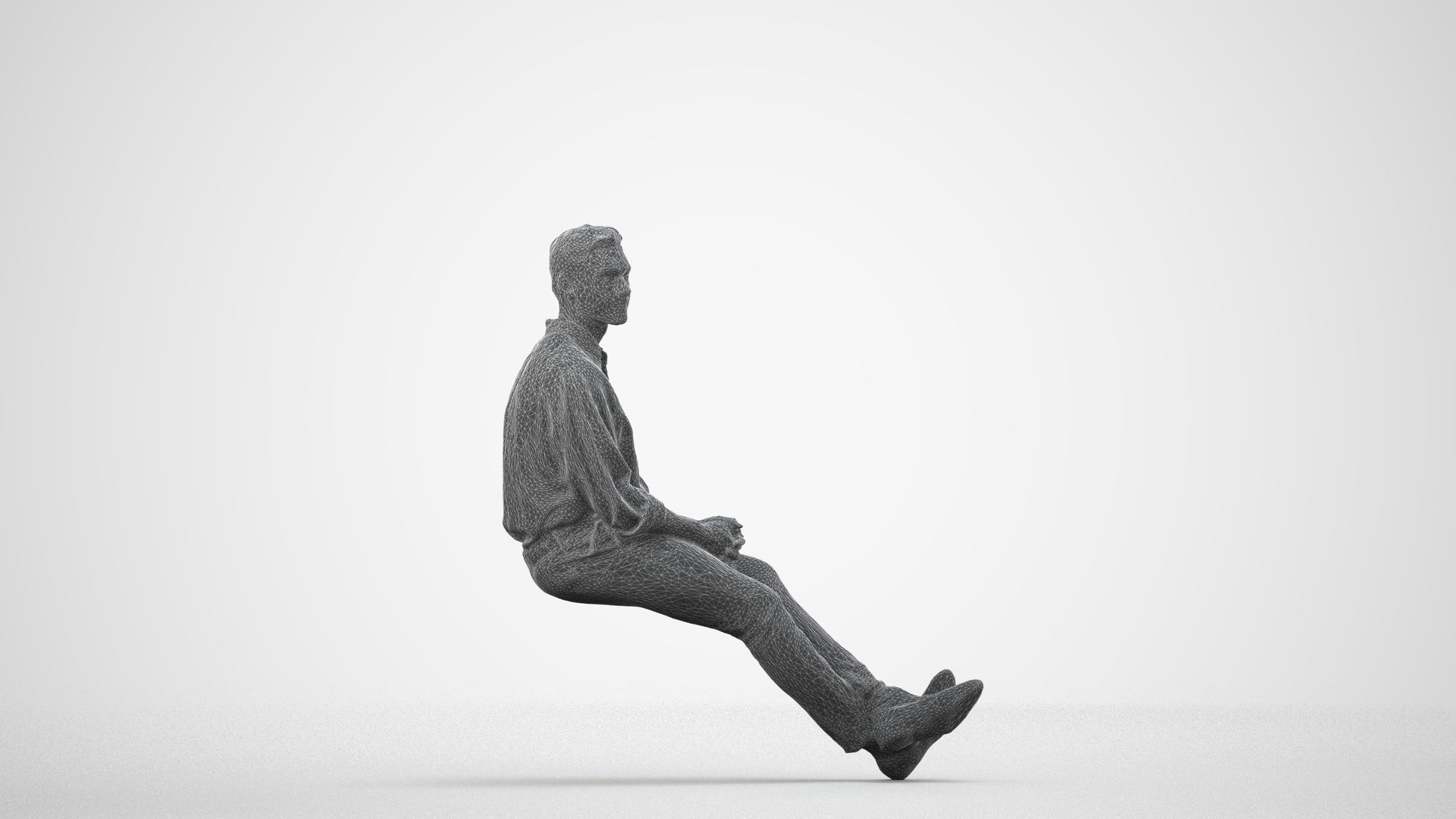 scanned 3D man casual sitting, photogrammetry people for Enscape and V-Ray, wireframe side view