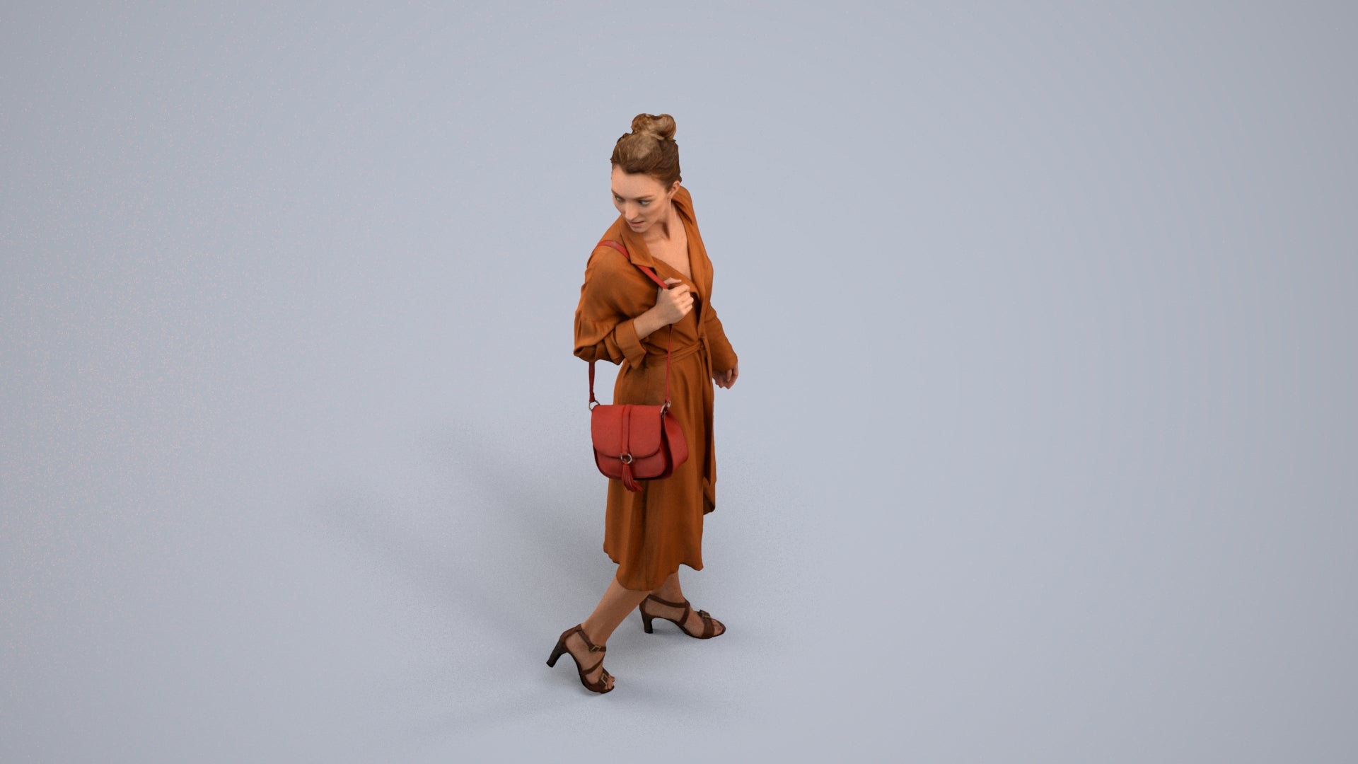 3D human model woman casual walking, photogrammetry scanned person for archviz, back view render