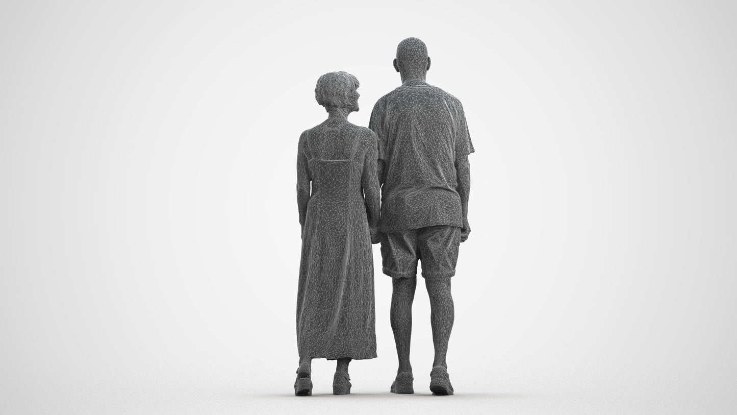 3D scanned senior woman couple casual, photorealistic archviz people for Enscape and SketchUp, wireframe front view