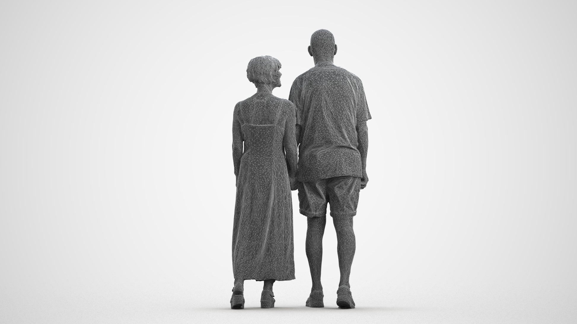 3D scanned senior woman couple casual, photorealistic archviz people for Enscape and SketchUp, wireframe front view
