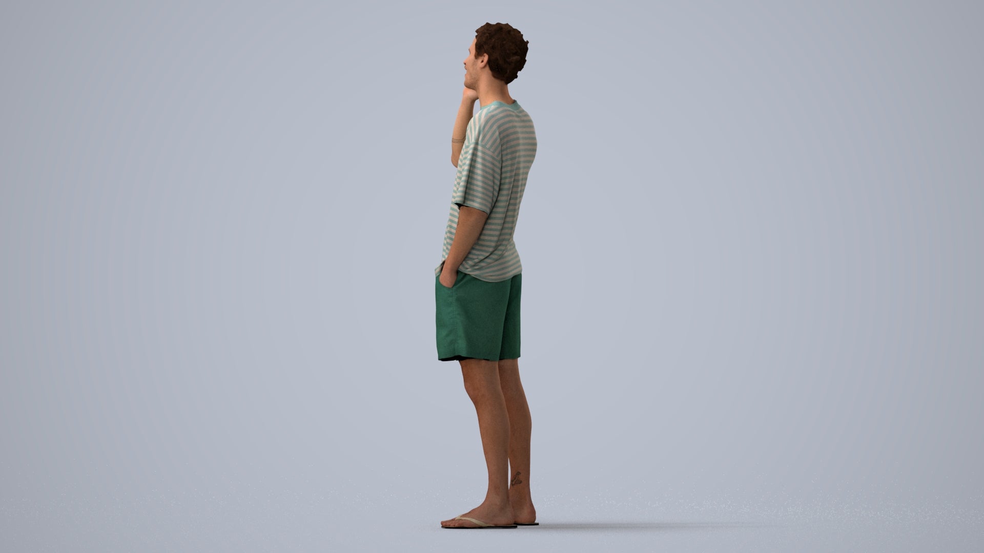 3D human model man casual standing, photogrammetry scanned person for archviz, three-quarter view render