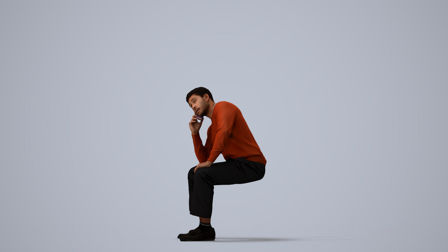 3D scanned man sitting casual, photorealistic archviz people for Enscape and SketchUp, three-quarter view render