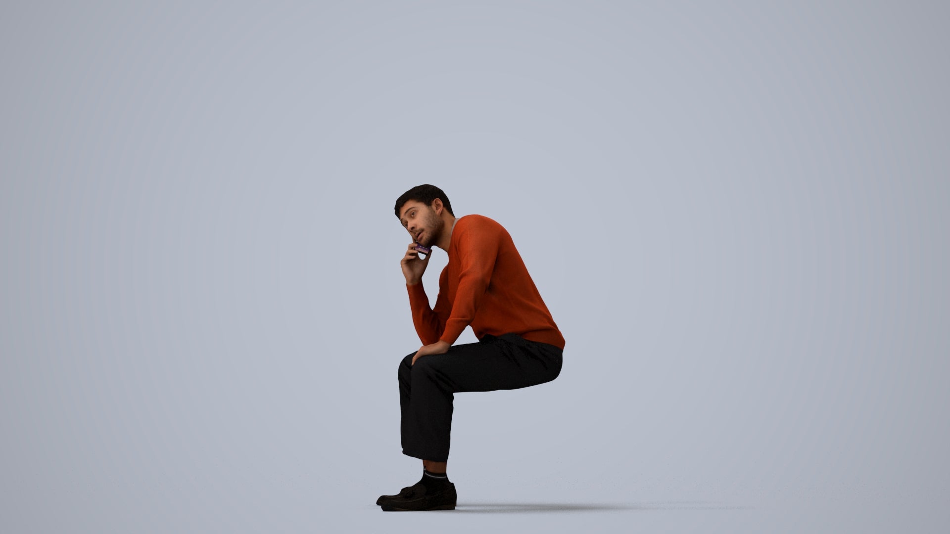 3D scanned man sitting casual, photorealistic archviz people for Enscape and SketchUp, three-quarter view render