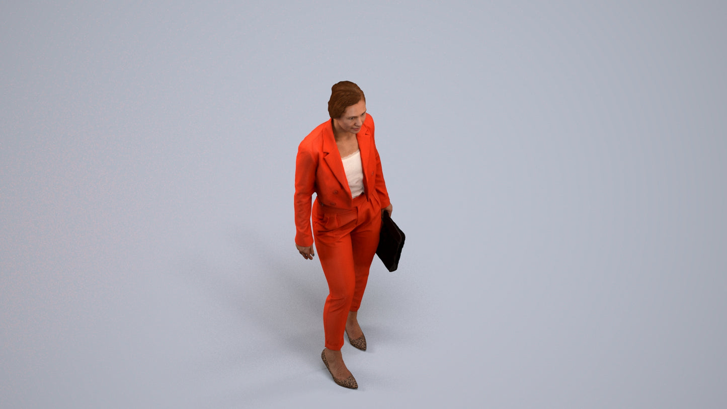 3D human model woman business, photogrammetry scanned person for archviz, back view render