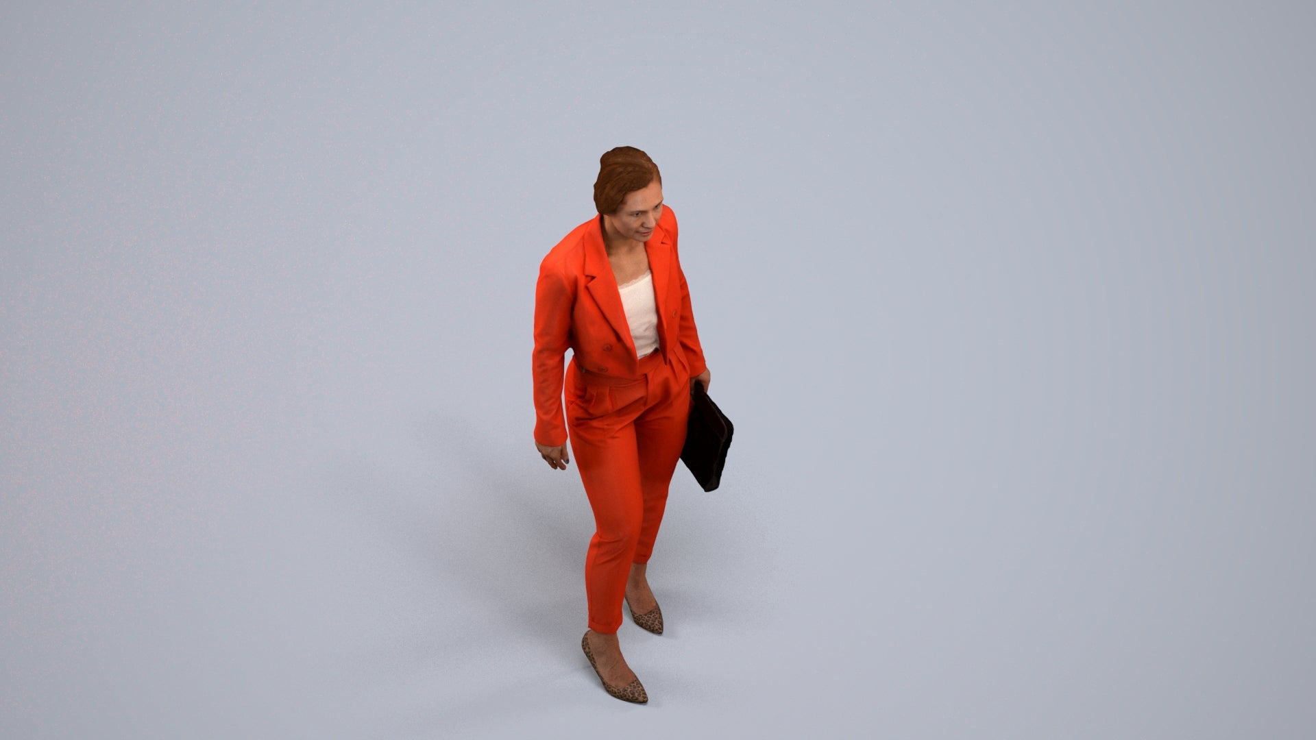 3D human model woman business, photogrammetry scanned person for archviz, back view render