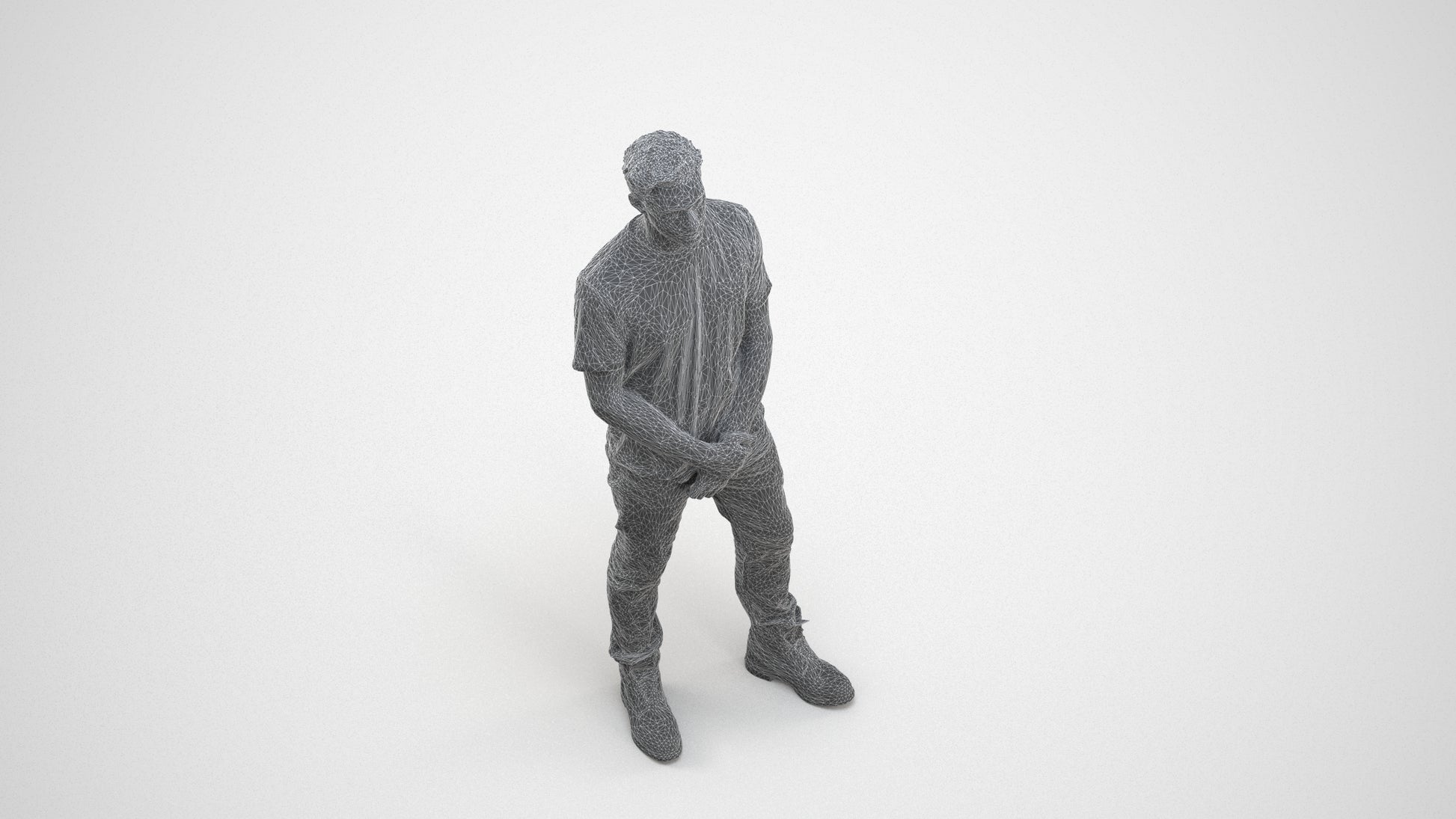 3D human model man casual standing, photogrammetry scanned person for archviz, wireframe three-quarter view