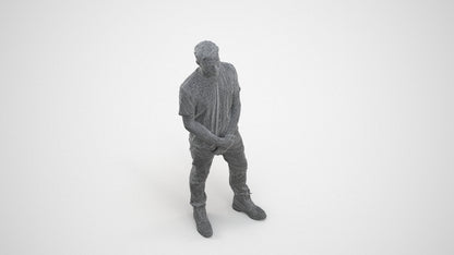 3D human model man casual standing, photogrammetry scanned person for archviz, wireframe three-quarter view