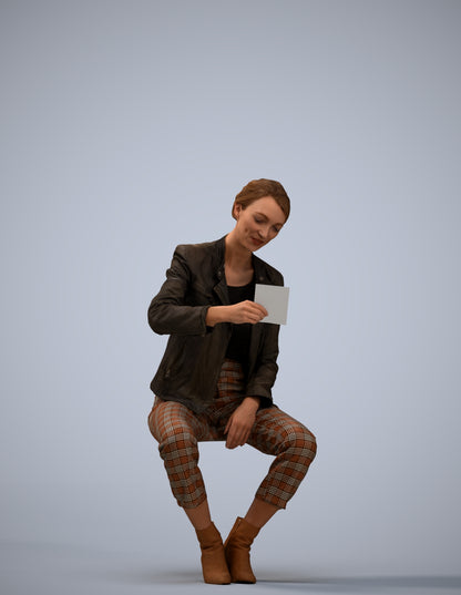 realistic 3D woman business sitting, scanned archviz people for Blender and 3ds Max