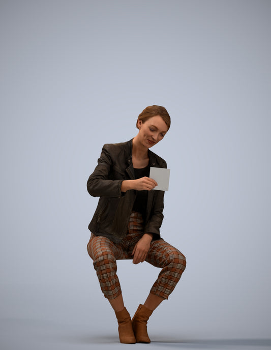 realistic 3D woman business sitting, scanned archviz people for Blender and 3ds Max