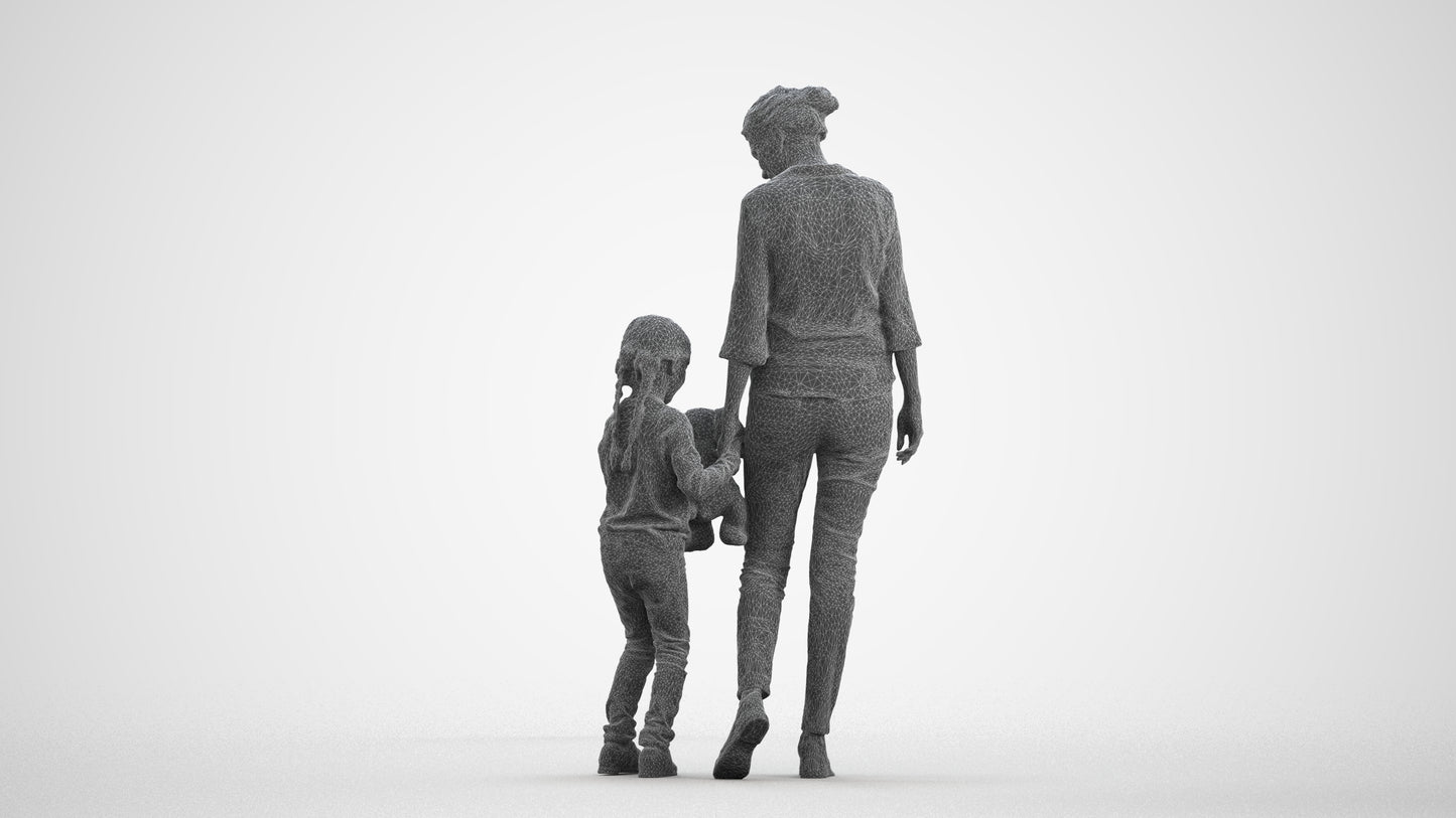 photogrammetry 3D girl casual kids, realistic human model archviz FBX, wireframe front view