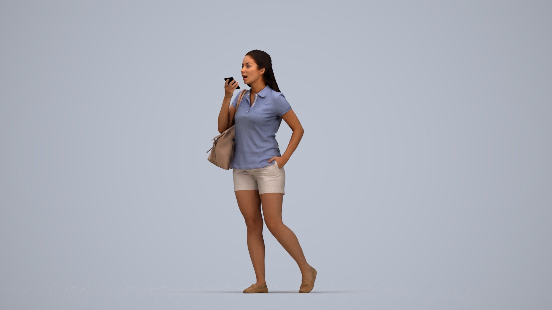 realistic 3D people woman casual walking, render-ready for V-Ray and Corona, FBX OBJ, top-down view render