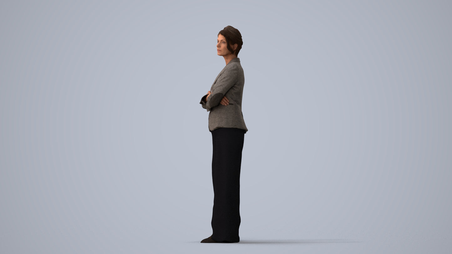 3D human model woman business, photogrammetry scanned person for archviz, three-quarter view render