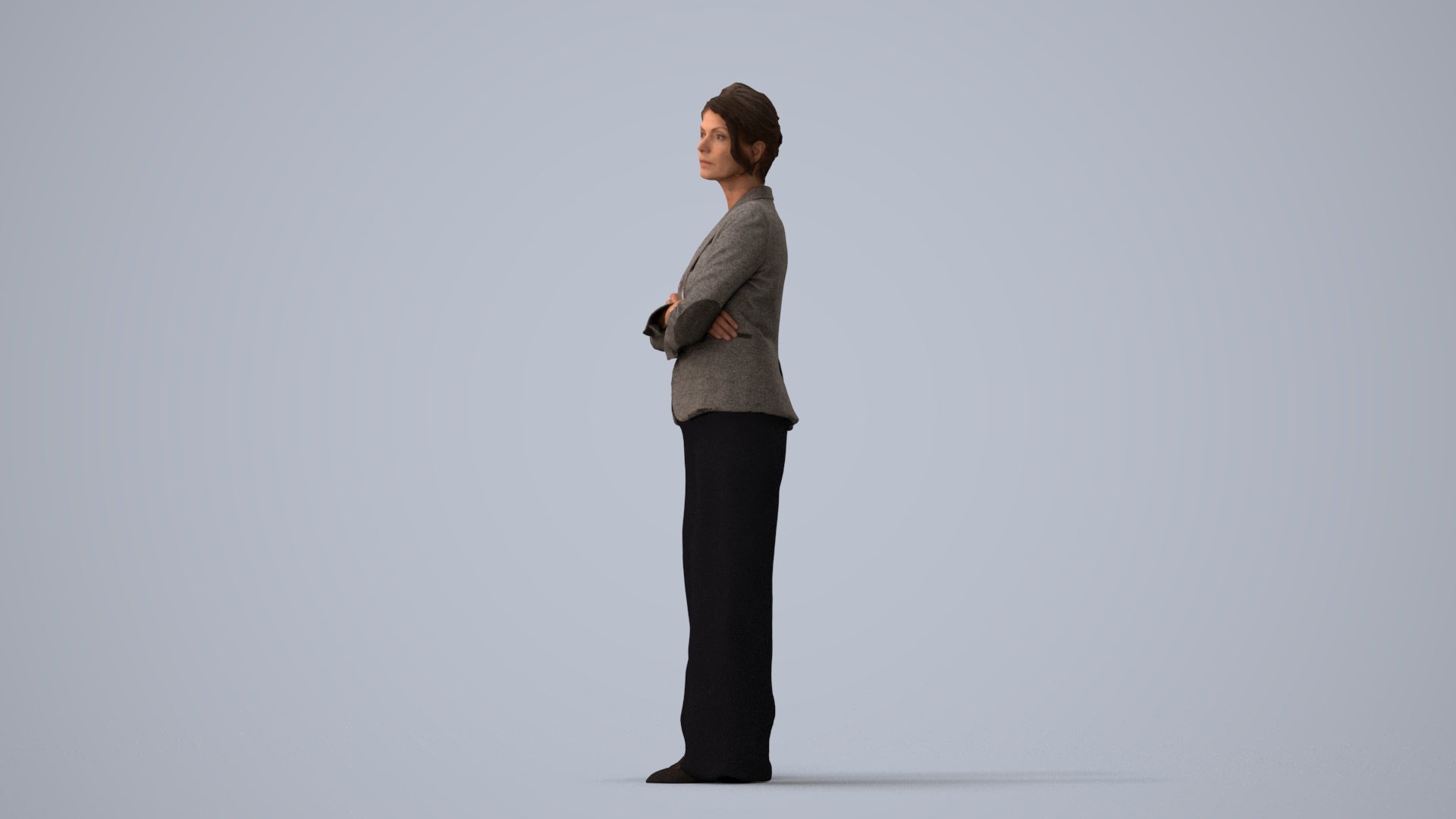 3D human model woman business, photogrammetry scanned person for archviz, three-quarter view render