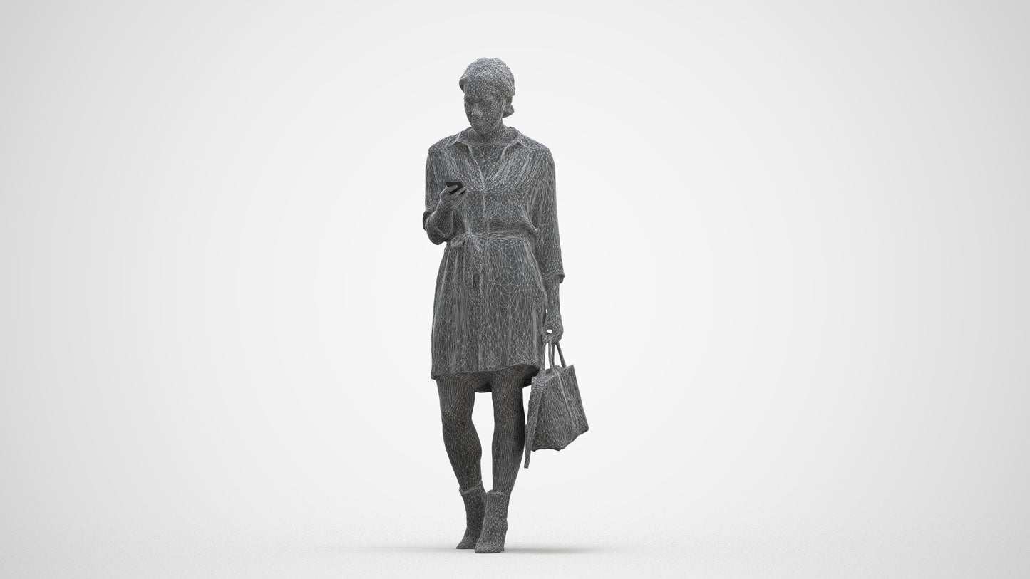 realistic 3D woman casual walking, scanned archviz people for Blender and 3ds Max, three-quarter front view render
