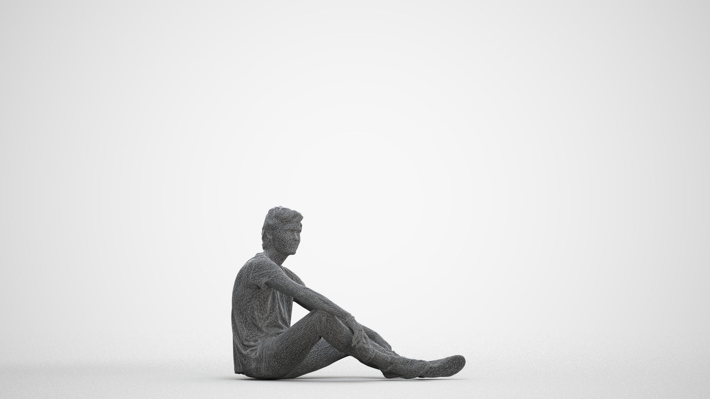 3D scanned man sitting casual, photorealistic archviz people for Enscape and SketchUp, three-quarter front view render