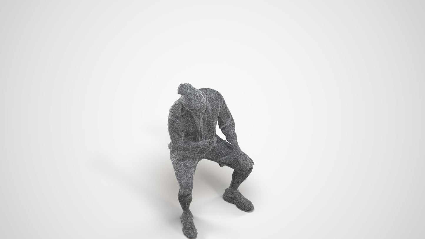 photogrammetry 3D man casual sitting, realistic human model archviz FBX, wireframe three-quarter view