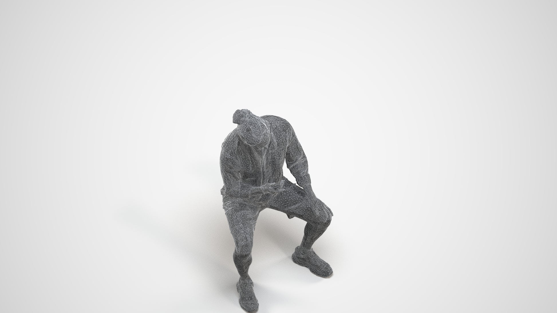photogrammetry 3D man casual sitting, realistic human model archviz FBX, wireframe three-quarter view