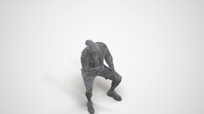 photogrammetry 3D man casual sitting, realistic human model archviz FBX, wireframe three-quarter view