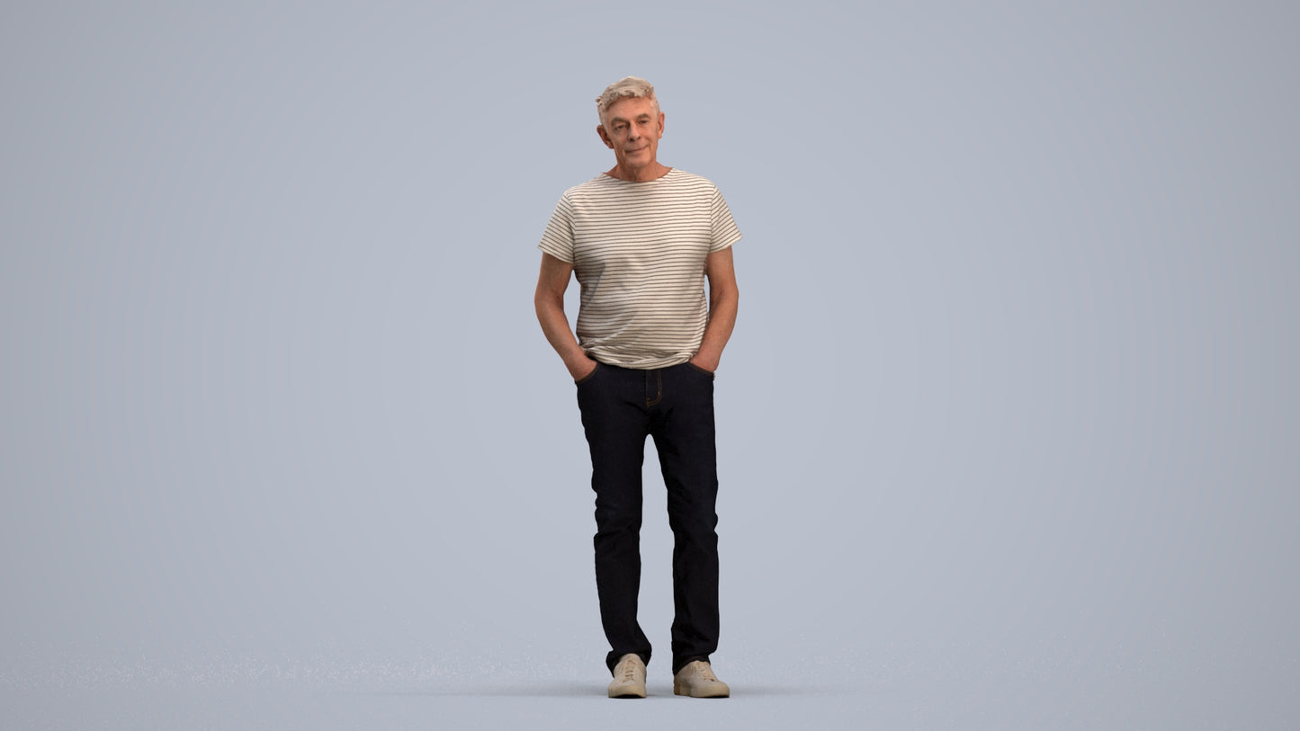 3D human model senior man casual standing, photogrammetry scanned person for archviz, standing pose render