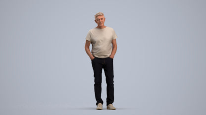 3D human model senior man casual standing, photogrammetry scanned person for archviz, standing pose render