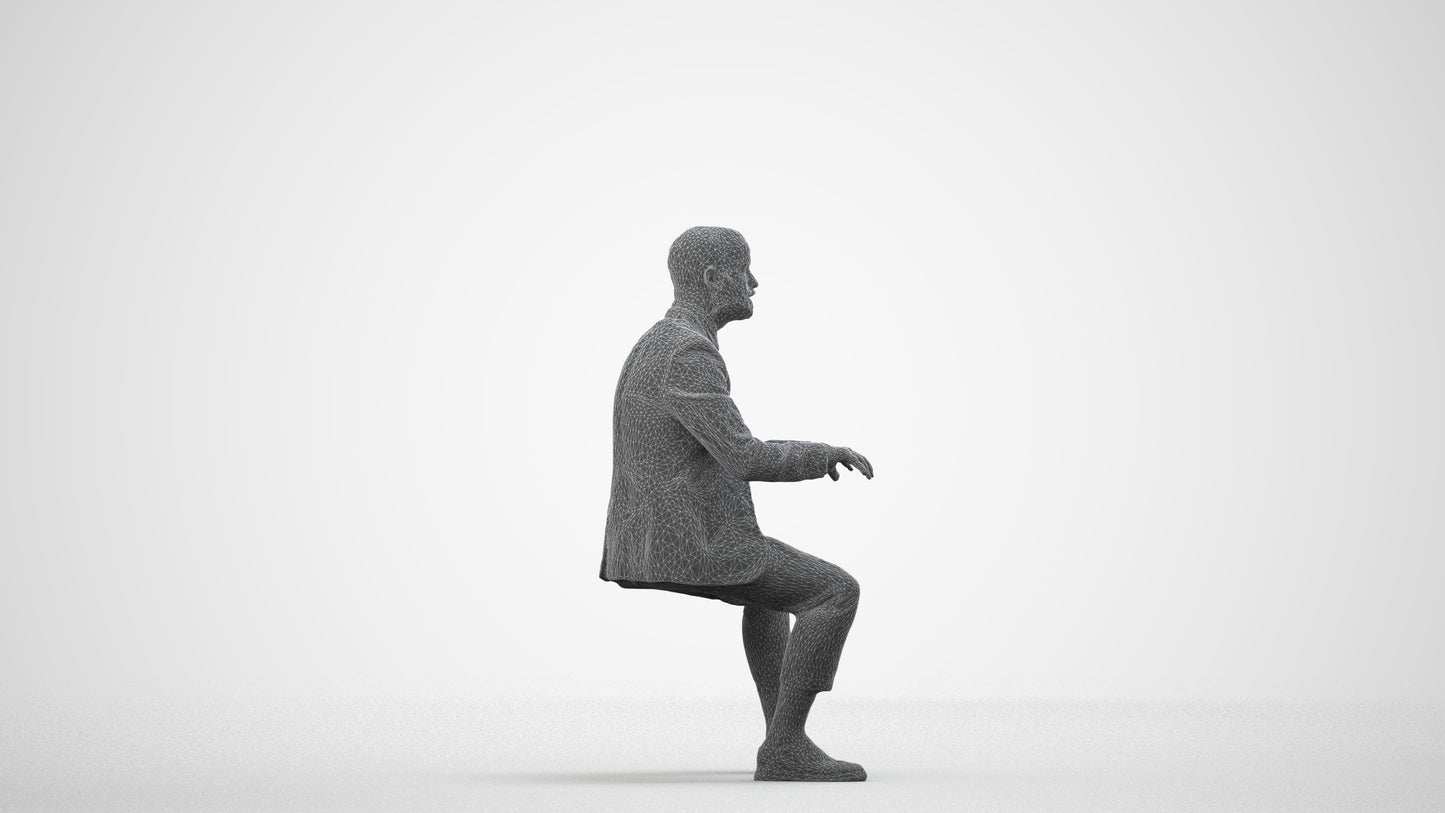 3D human model man business, photogrammetry scanned person for archviz, wireframe side view
