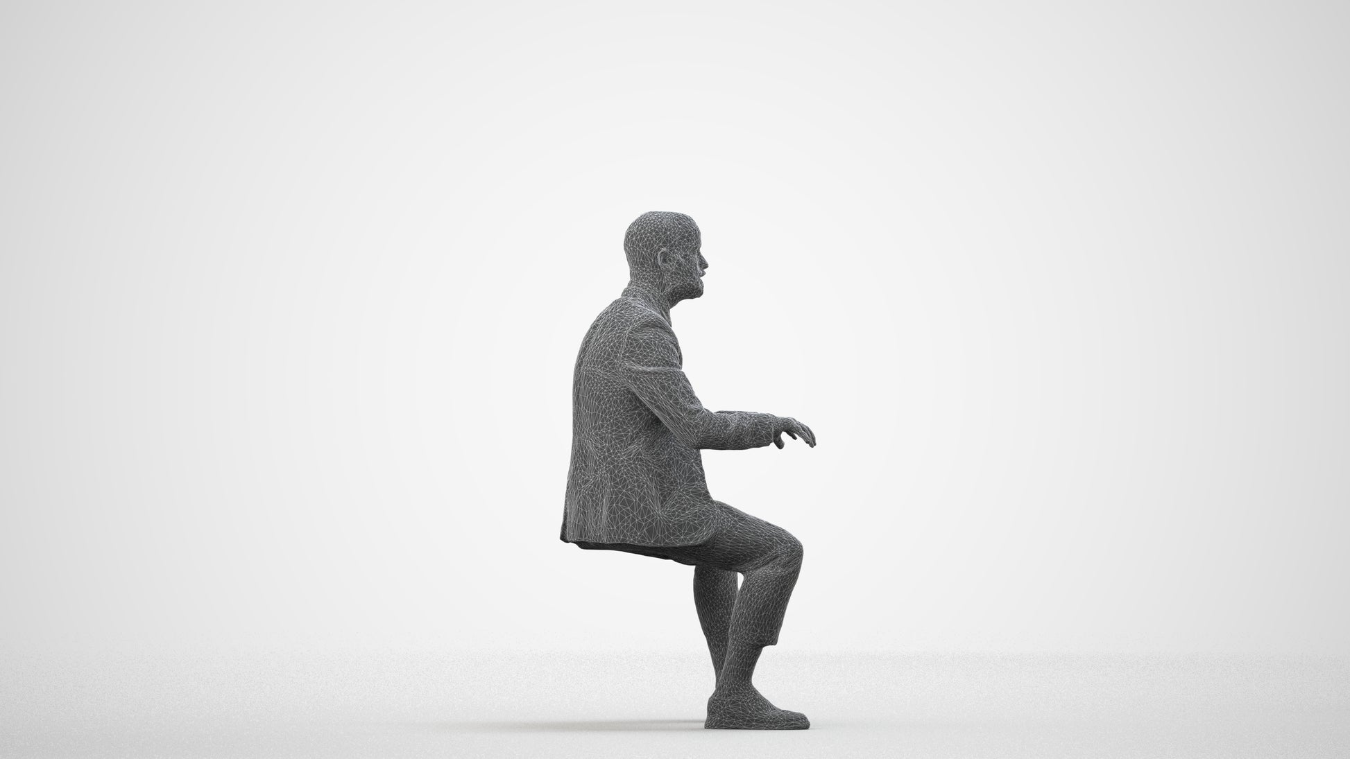 3D human model man business, photogrammetry scanned person for archviz, wireframe side view