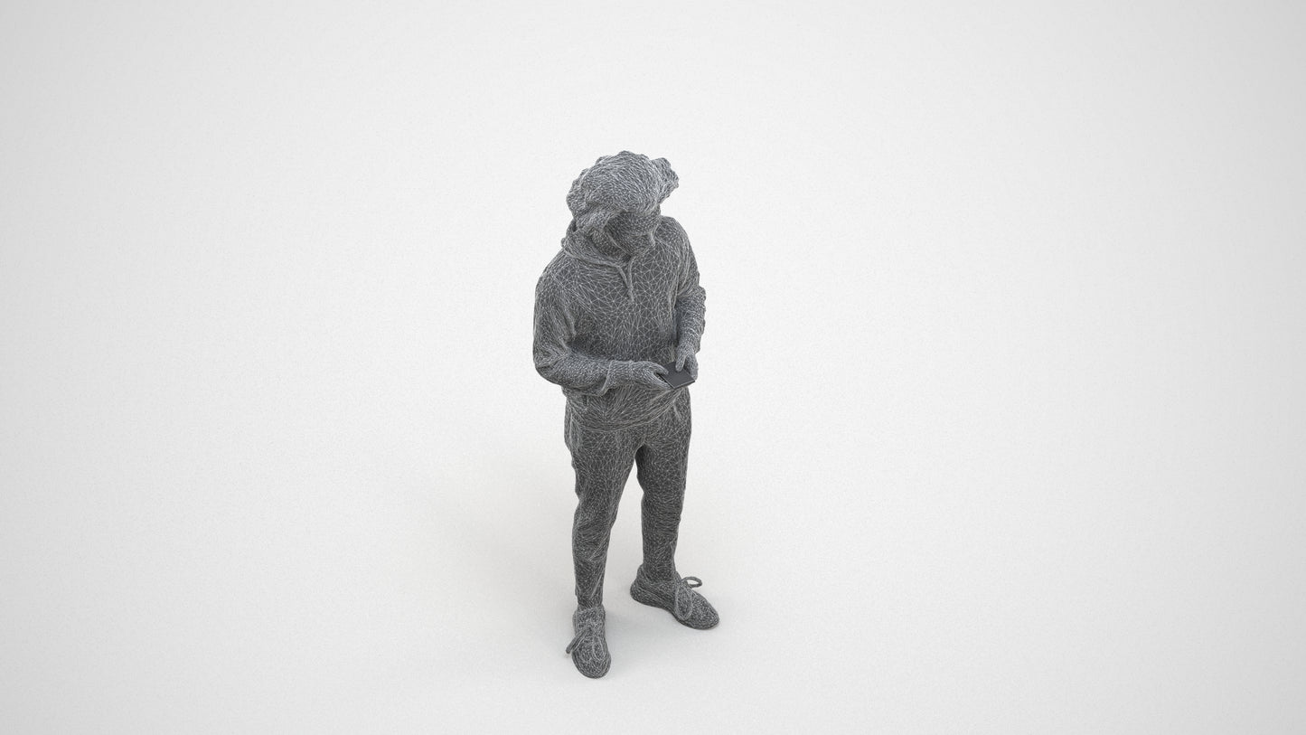 3D people model man casual standing, scanned human for 3ds Max rendering, wireframe three-quarter view