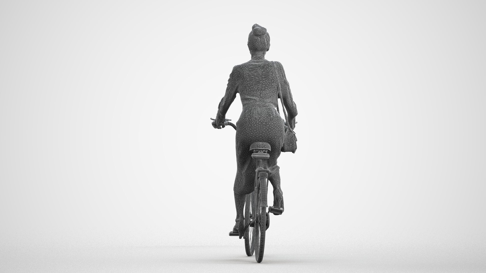 realistic 3D woman casual cycling, scanned archviz people for Blender and 3ds Max, wireframe front view