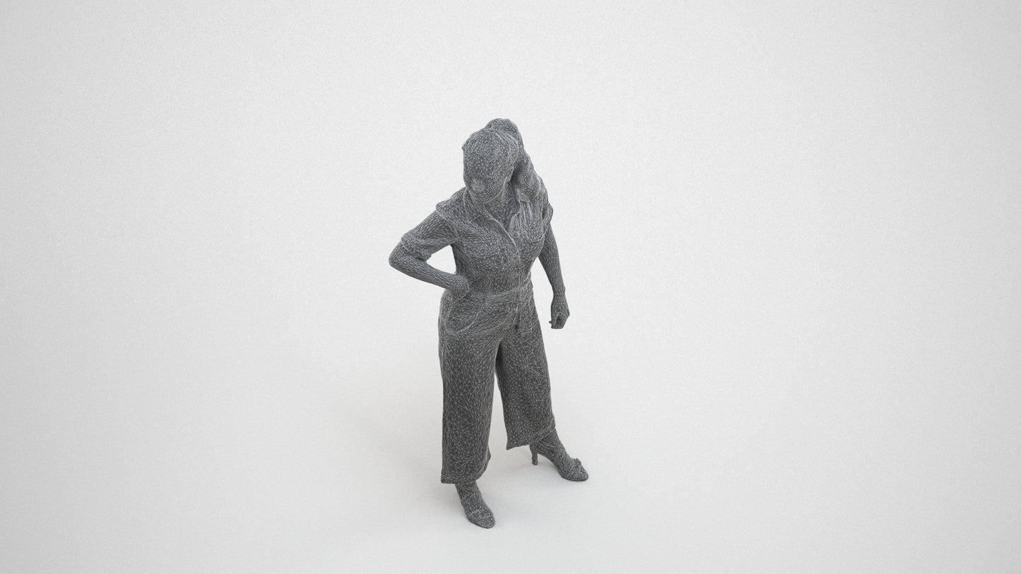 3D people model woman casual standing, scanned human for 3ds Max rendering, wireframe three-quarter view