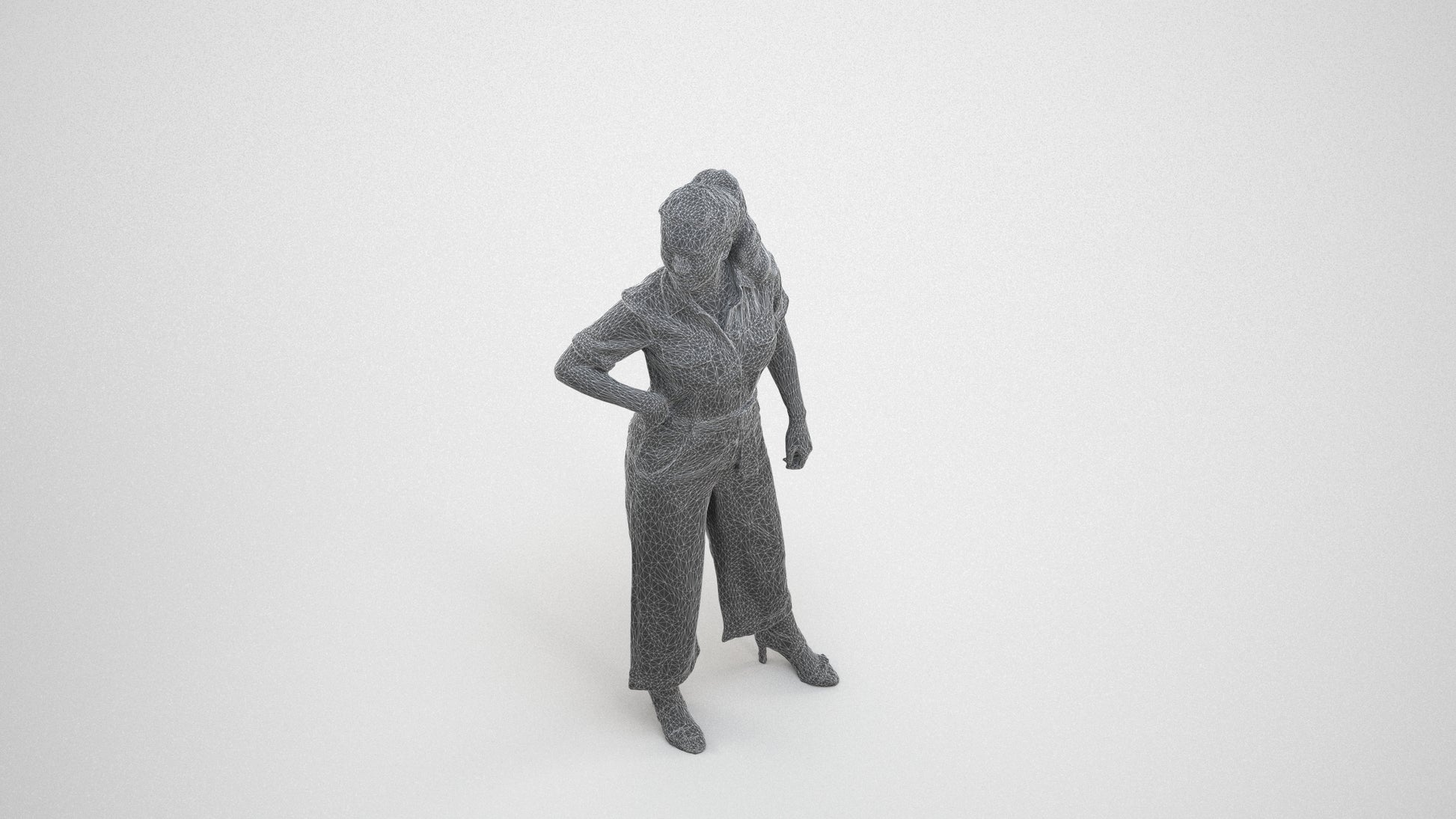 3D people model woman casual standing, scanned human for 3ds Max rendering, wireframe three-quarter view