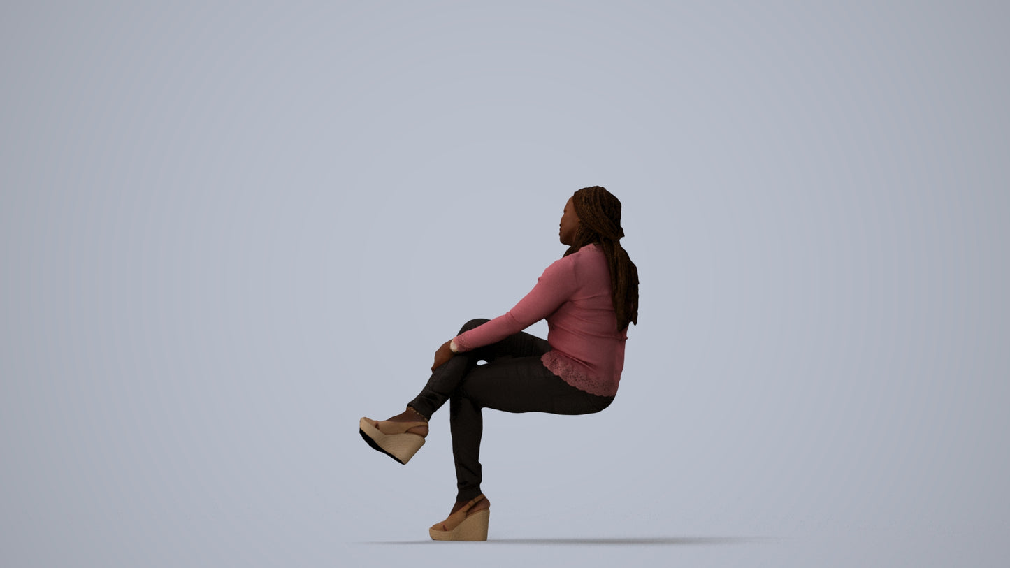 3D people model woman casual sitting, scanned human for 3ds Max rendering, three-quarter view render