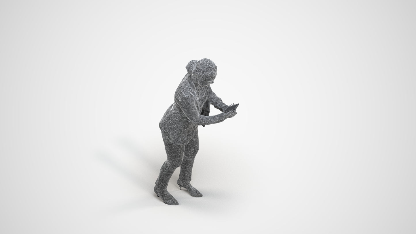 realistic 3D human woman business standing, archviz people FBX OBJ for Blender, wireframe three-quarter view