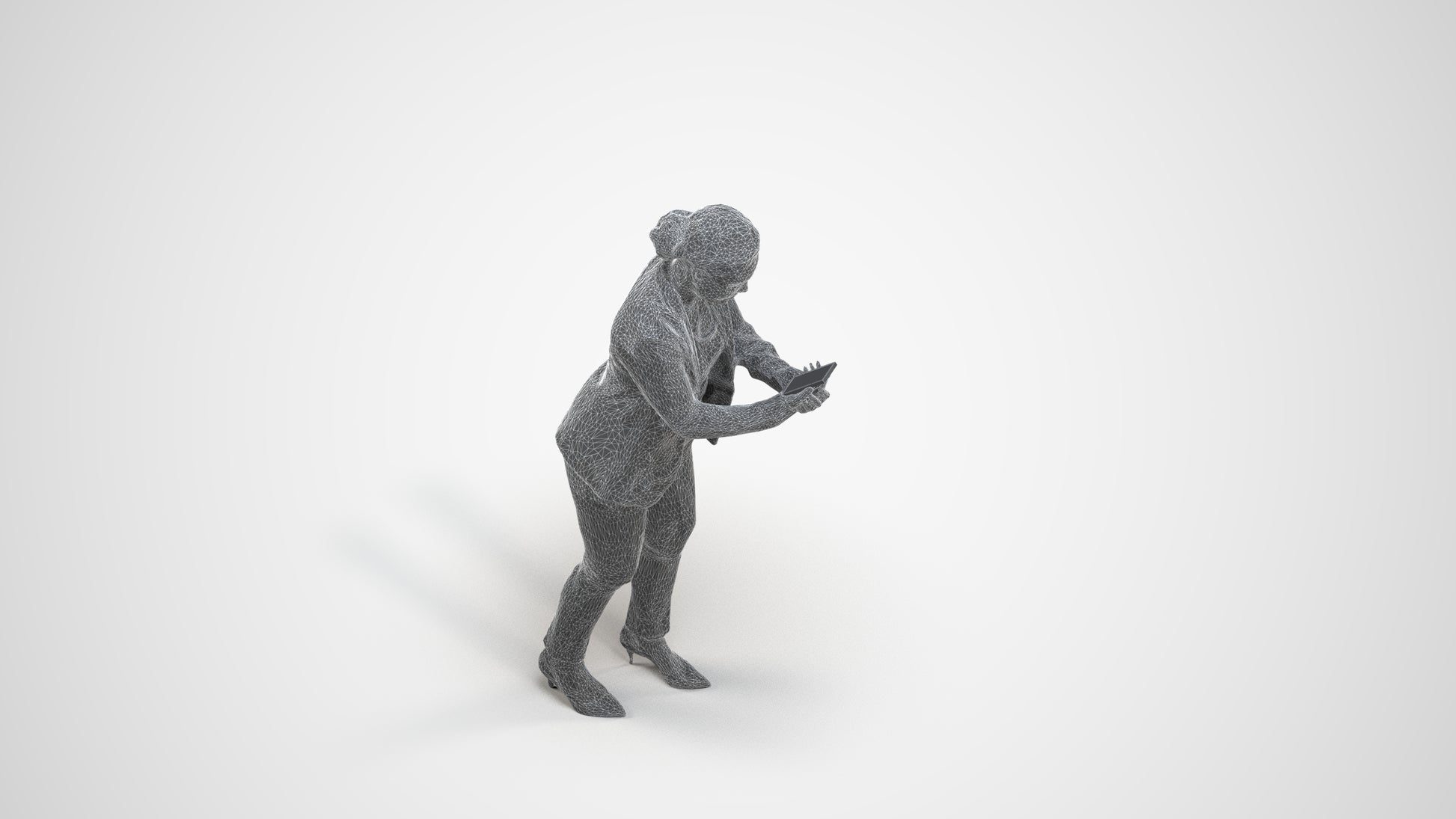 realistic 3D human woman business standing, archviz people FBX OBJ for Blender, wireframe three-quarter view