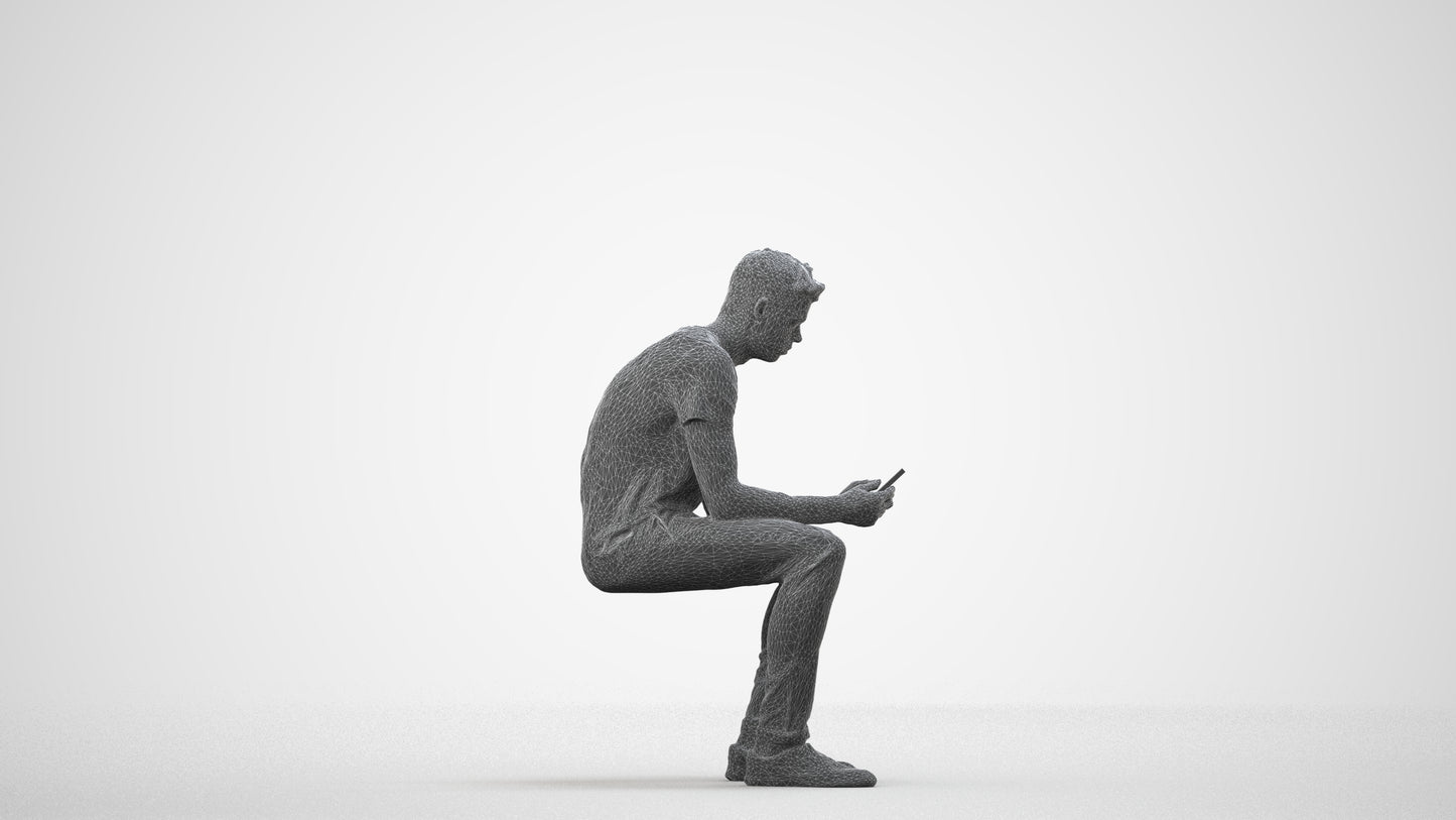 3D scanned man sitting casual, photorealistic archviz people for Enscape and SketchUp, wireframe side view