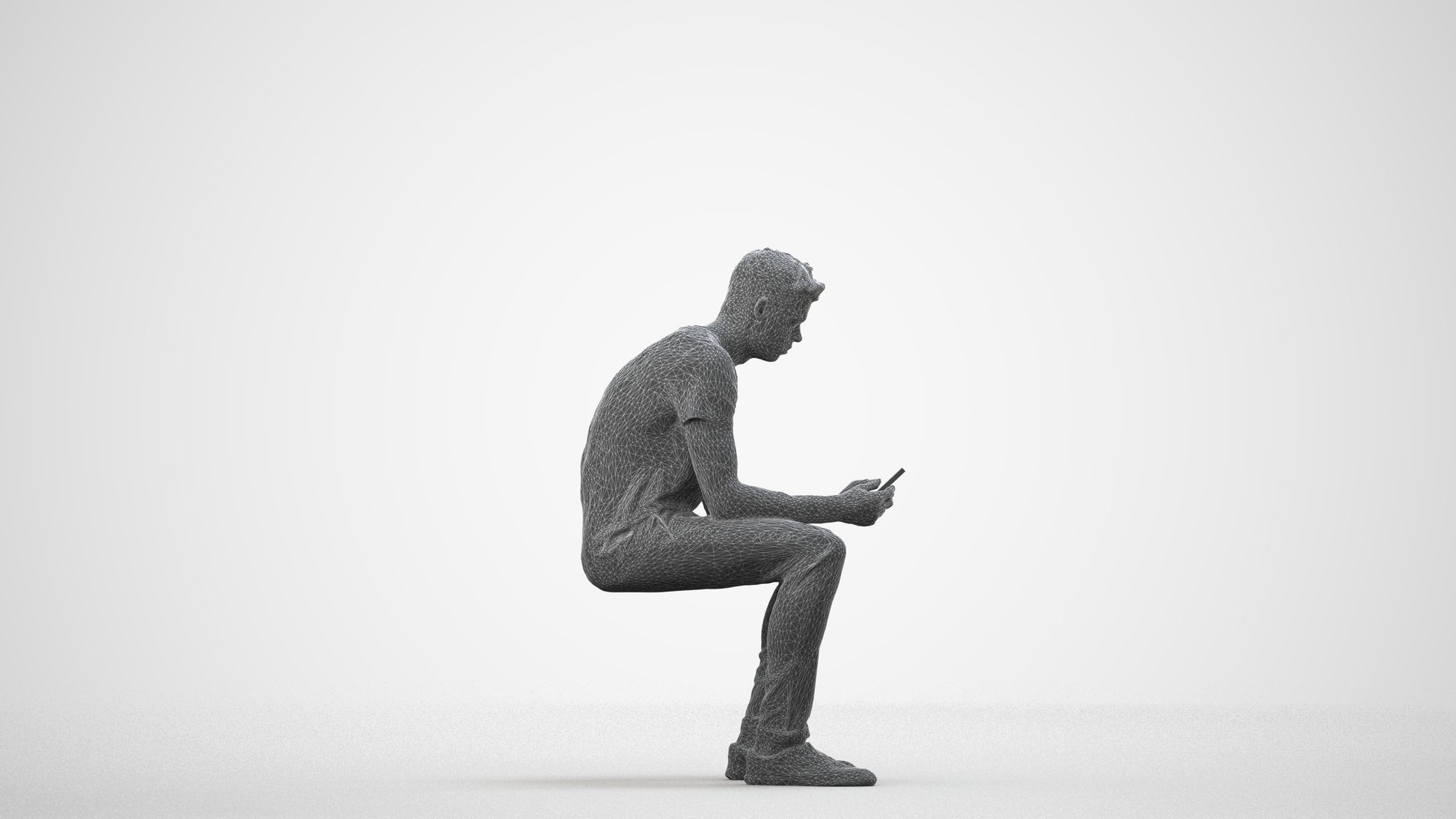 3D scanned man sitting casual, photorealistic archviz people for Enscape and SketchUp, wireframe side view
