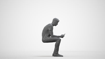 3D scanned man sitting casual, photorealistic archviz people for Enscape and SketchUp, wireframe side view