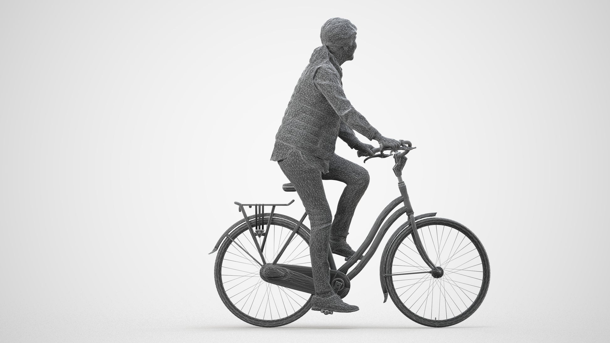 3D human model senior woman casual cycling, photogrammetry scanned person for archviz, wireframe side view