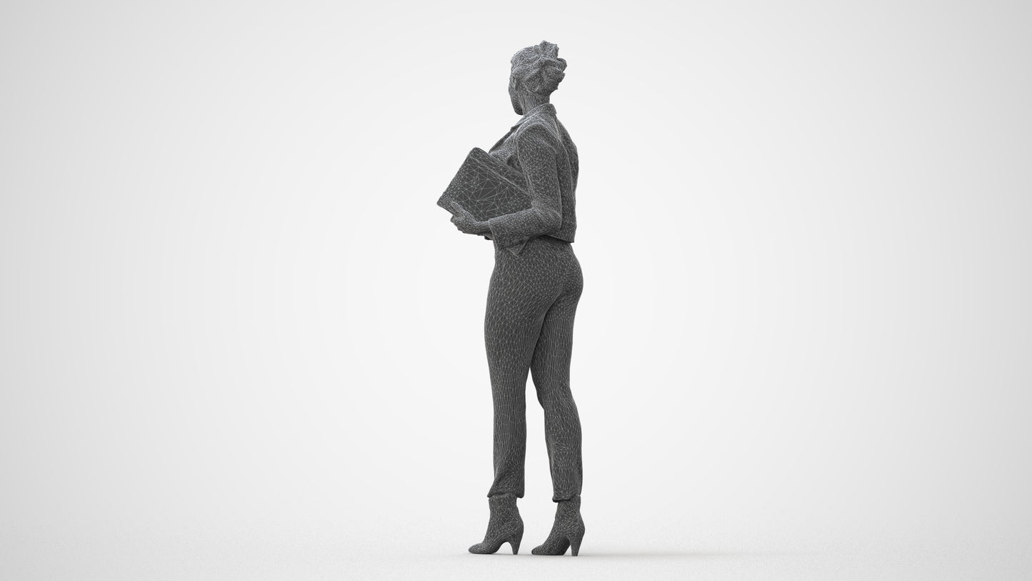 3D human model woman business standing, photogrammetry scanned person for archviz, square thumbnail
