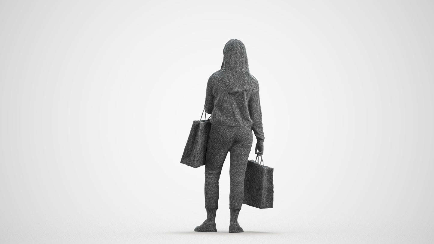 scanned 3D woman casual shopping, photogrammetry people for Enscape and V-Ray, wireframe front view