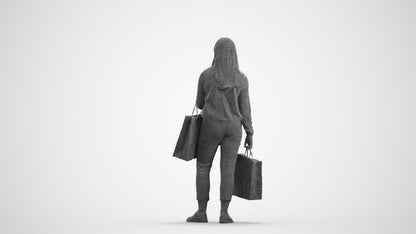 scanned 3D woman casual shopping, photogrammetry people for Enscape and V-Ray, wireframe front view