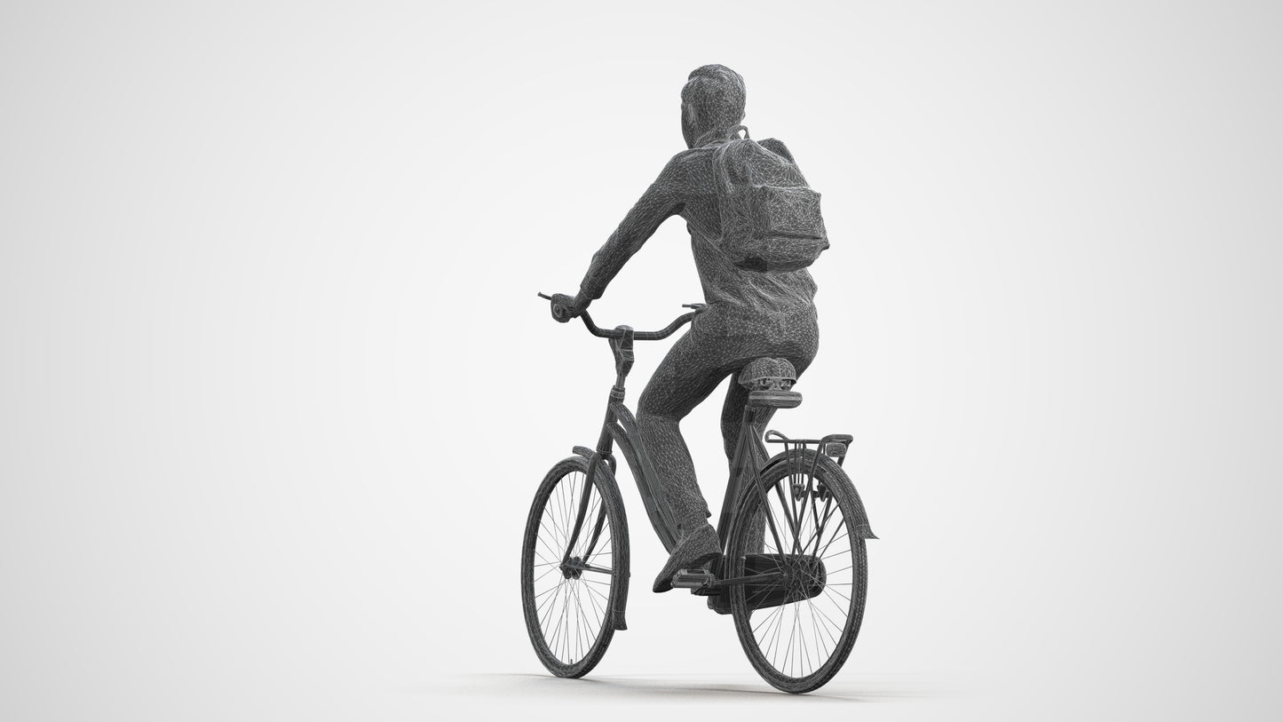 realistic 3D human boy business cycling, archviz people FBX OBJ for Blender, wireframe front view