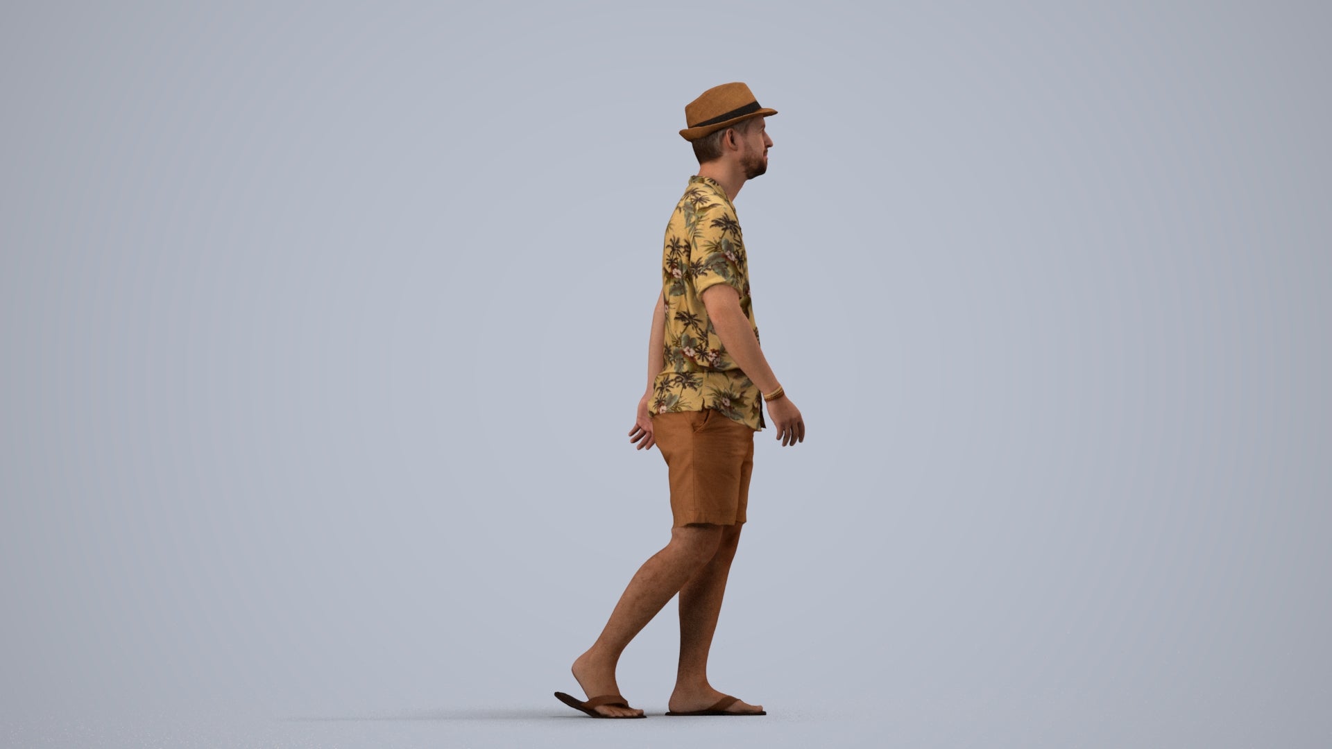3D human model man walking, photogrammetry scanned person for archviz, side view render