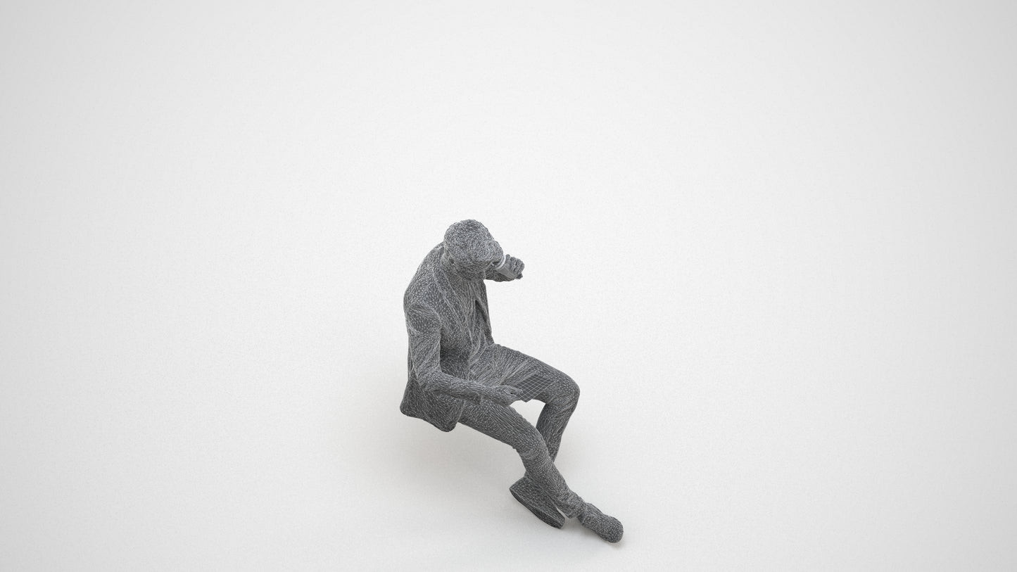 3D human model man casual sitting, photogrammetry scanned person for archviz, wireframe three-quarter view